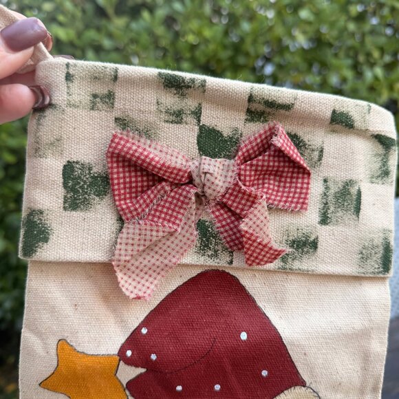 Vintage 1995 Hand Painted Signed Christmas Stocking Santa Fabric Bow Folk Art - Picture 3 of 6